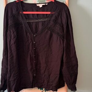 Anthropologie Black Lace-Trim Button Front Blouse - Women